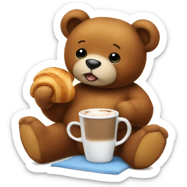 A teddy eating a croissant and drinking hot coco sticker
