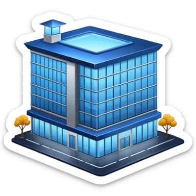 building in the night with blue sign on the roof sticker