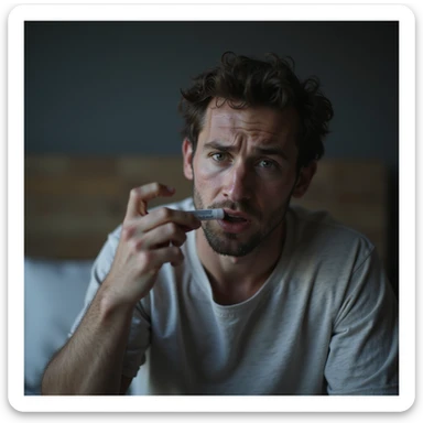 hyperrealistic 4K image of a man measuring his fever with a thermometer, anxious expression, sweaty face, bedroom sticker