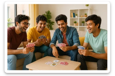Indian college boys, four friends, playing tash (cards) together, cheerful, casual outfits, energetic, youthful environment sticker