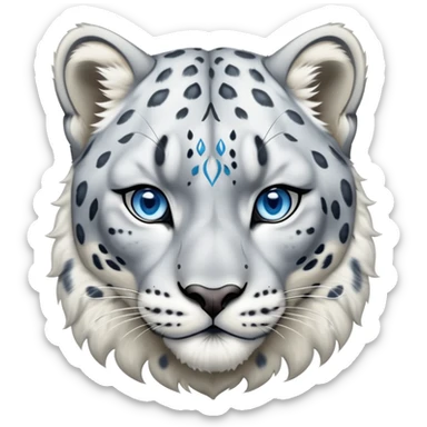 Cinematic-Noble-Snow-Leopard-Portrait-Emoji – Poised and majestic, with a muscular, agile build and a beautifully patterned coat of soft white and grey fur, marked with striking rosettes, deep-set, intelligent icy blue eyes, simplified yet sharp and sophisticated. zoomed out  sticker