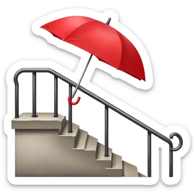 Red umbrella on stair railing, Lost Umbrella. sticker