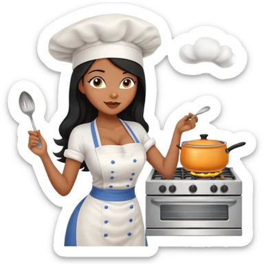 cooking stove with pot, black long hair tanned woman, bra, stockings, chef hat sticker