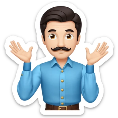 retro emoji-style character, dark brown slicked hair, thin handlebar mustache, exaggerated puffed light blue sleeves, theatrical deadpan expression, mimicking stiff-armed dance move sticker