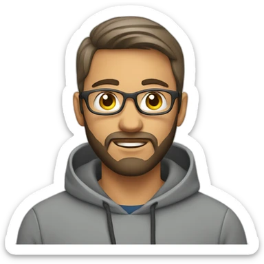 A project manager in a gray hoodie and with a short beard in front of an apple laptop sticker