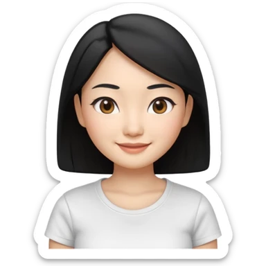 Apple Memoji style, young Asian woman, almond eyes, black hair,
smiling, smooth 3D render, soft gradients, white background,
square format, no text
 sticker