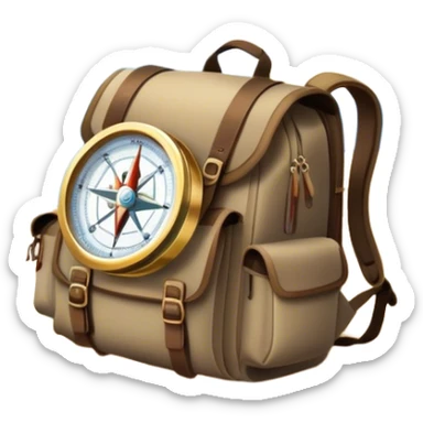 Icon for Expeditions: a compass, a map, a backpack and a rugged expedition jeep, set against a backdrop of snowy mountains, sand dunes and tropical islands. The icon should capture the spirit of adventure and exploration in diverse landscapes. Transparent background. sticker