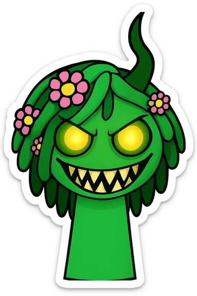 Change the green character with flower hair to a scary expression, with glowing eyes, sharp teeth, and a creepy smile. Keep the transparent background. sticker