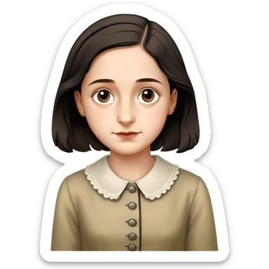 Anne Frank – Cinematic Realistic Portrait of Anne Frank, depicted with a reflective, gentle expression in period clothing, her eyes conveying hope and resilience, rendered with soft, natural lighting and delicate textures that capture the poignancy of her legacy. sticker