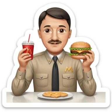 adolf hitler holding a big mac while sitting in a diner sticker
