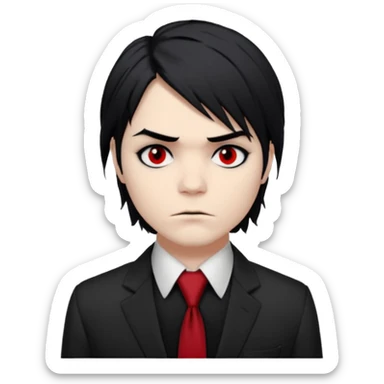 Gerard Way (Revenge Era)
Round, simplified emoji style
Pale skin tone dark eyes
-black, shoulder-length hair messy and emo
Heavy eyeliner and shadow under the eyes
Subtle serious face
Hint of red tie visible on black button up shirt.
Transparent background. Black eyeliner. Messy emo hair sticker