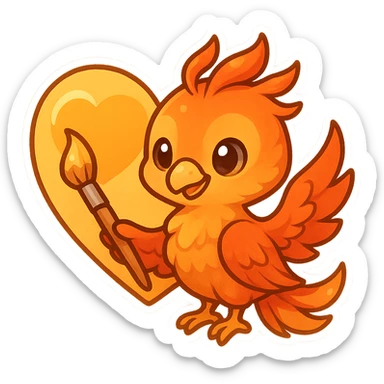 A phoenix holding a brush, painting inside a heart-shaped emoji, bright and warm tones, cheerful style sticker