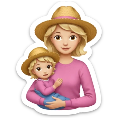 A cheerful wavy short blond hair mom in a straw hat carrying her child, wearing a pink sweater sticker