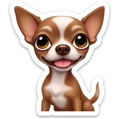 A little brown chocolate chihuahua in front of a laptot sticker