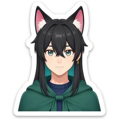 Tighnari from Genshin Impact; anime man with long-straight-dark-black hair, long black fox ears with pink Scapha, colorful-gradient-turquoise-brownish eyes, gold earring, dark-blue-sweater, green cape, white pupils sticker