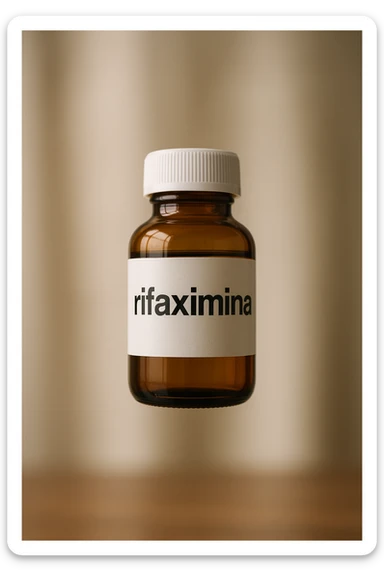 barattolo di medicinale con la scritta "rifaximina" sull'etichetta fluttua in aria, iperrealistico 4k sticker