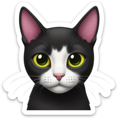 fully black shorthair cat with pink ears on the inside and eyes who’s color is green around the pupil and yellow around the green  sticker