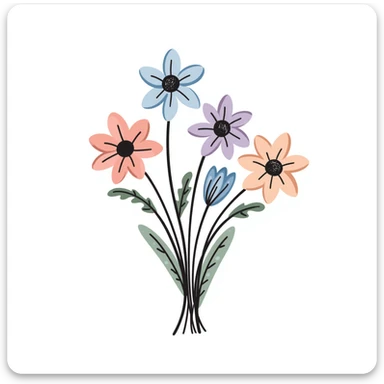 Simple bouquet of spring flowers with different blooms including small daffodils and daisies. Hand-drawn doodle style using pastel colors (pink, light blue, lavender, peach). Cheerful floral arrangement with leaves and stems. Delicate spring bloom design. sticker