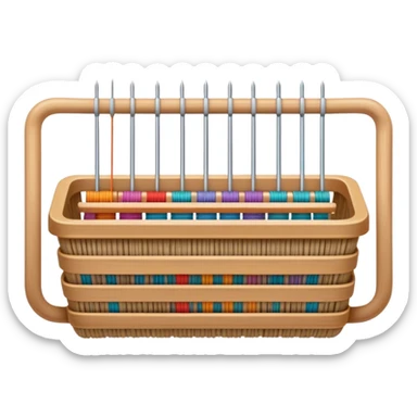 Weaving icon, various types of weaving such as basket weaving, macramé, and loom weaving, showing intertwined threads or ropes, weaving tools like shuttle, crochet hook, and loom, minimalistic style, clean lines, transparent background. sticker