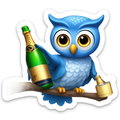 Blue owl holding a popped bottle of champagne  sticker
