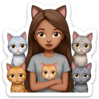 a pretty bratz dusky girl with long brown hair with six cats nd wearing a grey tshirt sticker