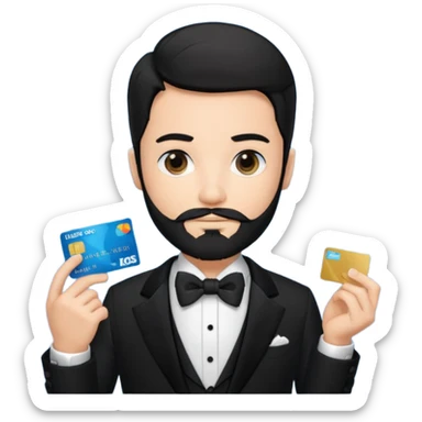 make a genmoji of a boy with a an amex card in hand and wearing a tux, black hair. bearded sticker