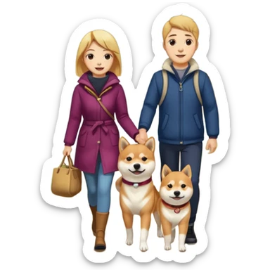 man and woman walking a Shiba Inu dog sticker