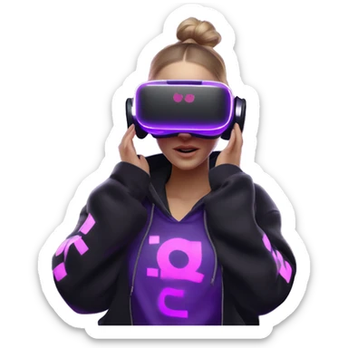 Russian girl wearing black hoody with violet letters "OMG", in vr headset oculus quest2. Dancing. Cyberpunk style. Violet neon. sticker