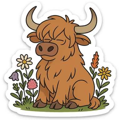 highland cow surrounded by wildflowers, cartoon style sticker