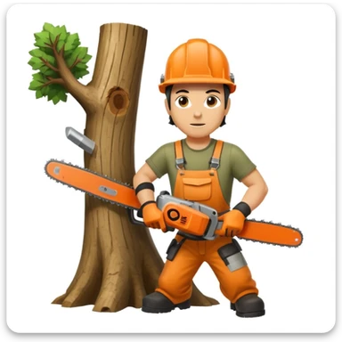 professional arborist cutting down a large tree with chainsaw, wearing safety helmet and protective gear. Scene includes detailed tree trunk, falling wood pieces, forest background, dynamic movement, and emphasis on expertise and safety in tree removal sticker