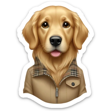 Female golden retriever wearing a Burberry jacket sticker