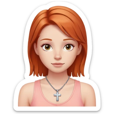 Auburn ginger haired girl with eyelashes wearing a cross necklace and a light coral pink tank top sticker