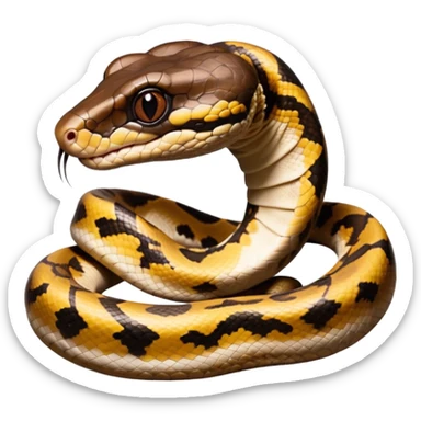 A photo-realistic digital illustration of a Ball Python, large headshot portrait. The snake has a short, rounded snout, smooth contours, and a calm, curious expression. Its head is warm brown with bold, irregular dark markings, including the signature “alien-head” pattern.  sticker