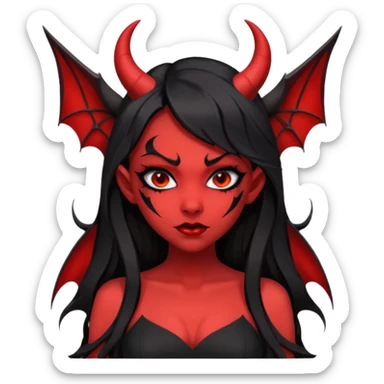 demon girl, skin red , black long hair, small horns, bat wing, black open-back dress, bold black outlines, red+black palette sticker