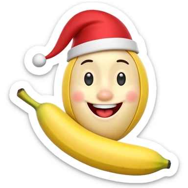 A 3D cartoon banana with a red nose and tiny hat, smiling face, playful pose, Memoji-style. sticker