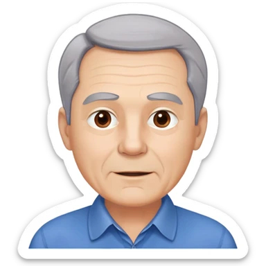 Older man with light complexion in his late 50s, round face, wide jaw, expressive brown eyes, thick eyebrows, short gray hair with visible hairline, friendly expression, wearing blue collared shirt sticker