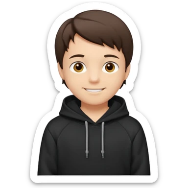 A brunette boy, short straight hair, light brown eyes, with a black sweatshirt with a hoodie, and smile  sticker