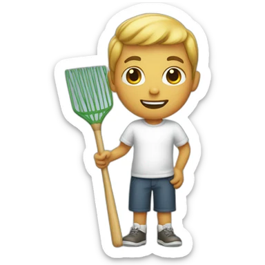 white kid holding a rake sticker