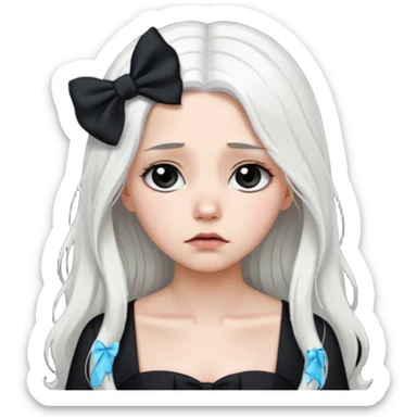 white long hair girl with black bow on her hair wearing black gown with a sad face sticker