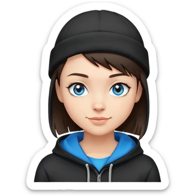 brunette short hair buzzed on the sides and wearing a black beanie that a side bang can be seen under. this girl needs blue eyes and a black hoodie. i want her to be smirking sticker