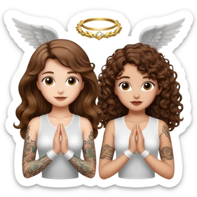fake angel pose — long wavy brown hair tattooed woman and short tight curly brown hair woman — halo sparkle sticker