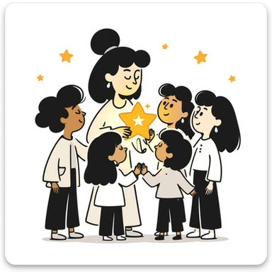 hand-drawn warm illustration of a kind teacher holding a glowing star, with students gathered around, feeling safe and inspired sticker