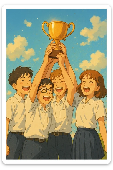 quatre étudiants inspirés des photos de référence, ambiance chaleureuse, tous ensemble soulèvent un trophée, fond lumineux et joyeux sticker