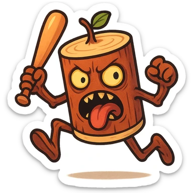 square image of absurd wooden stick-man creature, drum-like cylindrical body, holding baseball bat, cartoon style, bright vivid colors, expressive face, dynamic pose, a bit creepy yet funny,  sticker