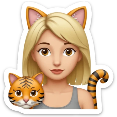 Une femme avec les cheveux dégradée, brun et blond, qui fait un câlin à son chat gris, tigré avec les extrémités que pattes et pointe d’oreilles noires et le dessous du menton blanc sticker