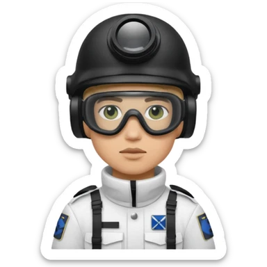 A Finnish modern soldier in a white snow uniform. with black night vision goggles sticker