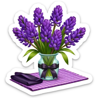 A lush bouquet of bright prple color Hyacinths black satin ribbon, resting on an antique wooden table, with a pale yellow and pink plaid pattern table cloth sticker