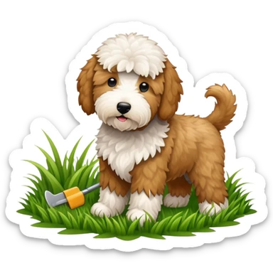 Golden doodle cutting grass sticker