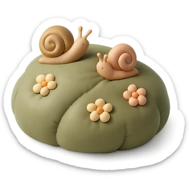 mossy rock with snails and small flowers in earthy pastel colors, cushion style sticker