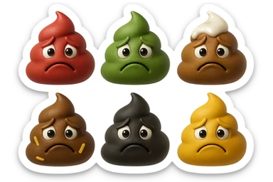 emoji stile iphone 3d di una cacca di colore rosso, una cacca di colore verde, una cacca di colore marrone con muco bianco visibile sopra,  una cacca di colore marrone con penne di pasta a pezzetti visibili all'interno di essa,  una cacca di colore nero e una cacca di colore giallo, tutte le cacche hanno un espressione triste, iperrealistiche 4k sticker